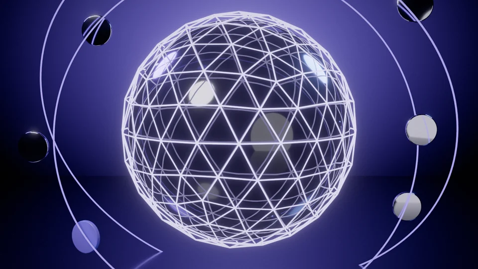 A wireframe globe in orbit