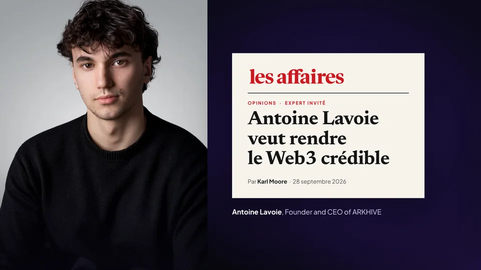 The Les Affaires article header beside a portrait of Antoine Lavoie, Founder and CEO of ARKHIVE