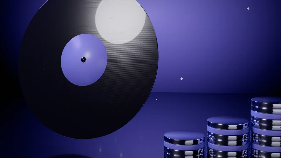 A vinyl record beside stacks of tokens