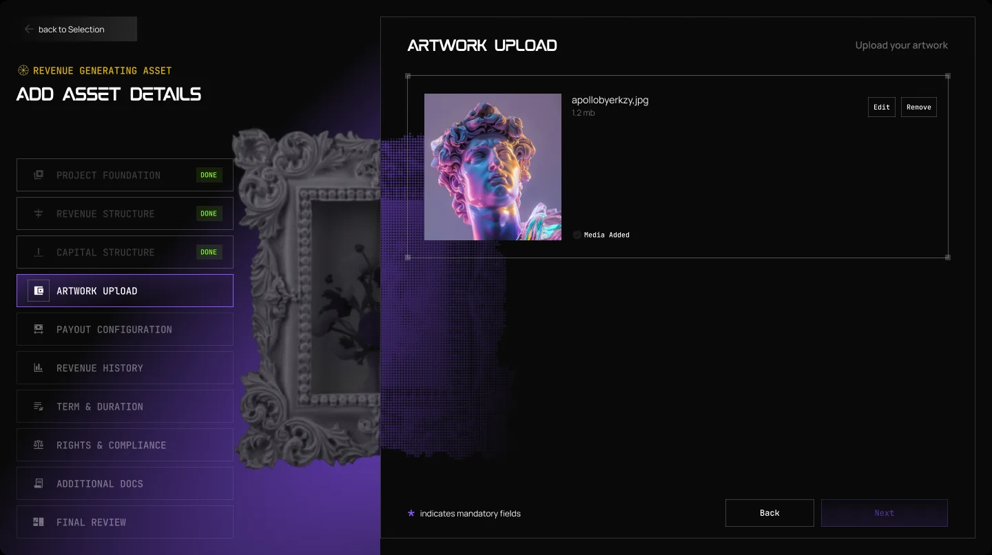 The Launchpad form for a revenue asset, step 4: Artwork Upload