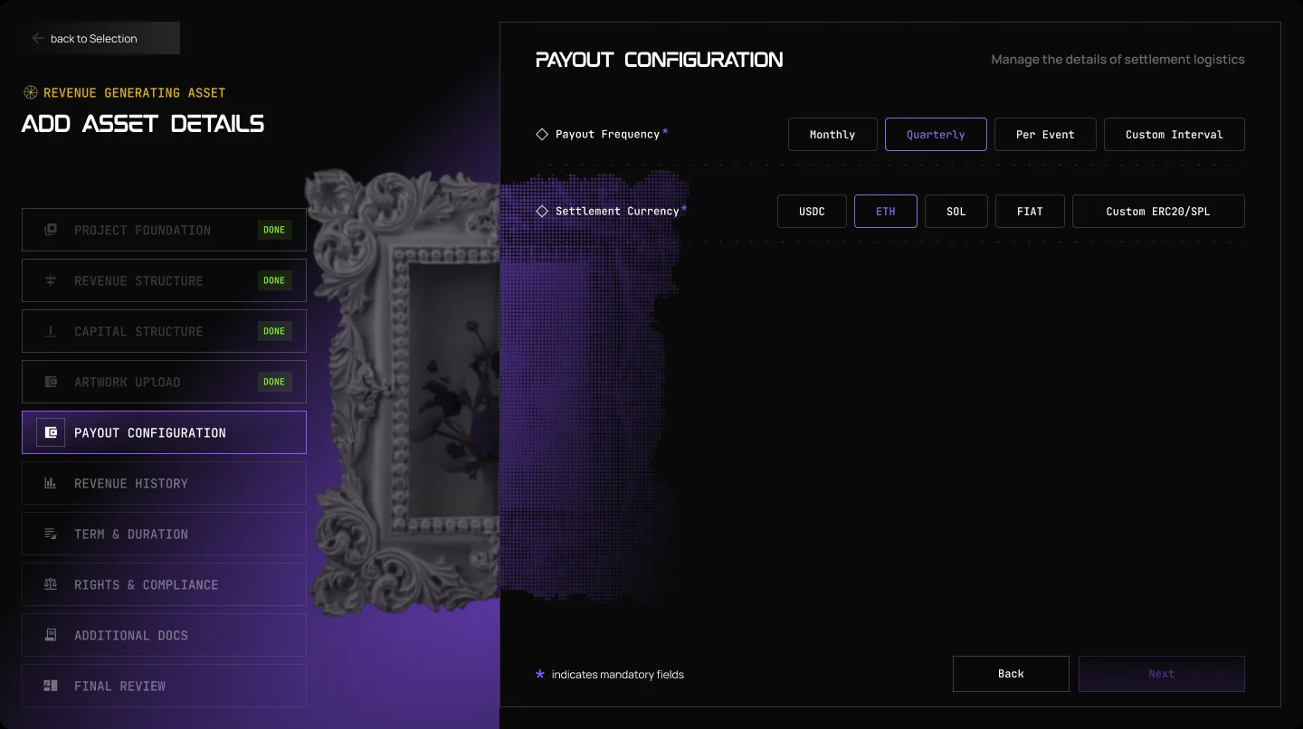 The Launchpad form for a revenue asset, step 5: Payout Configuration