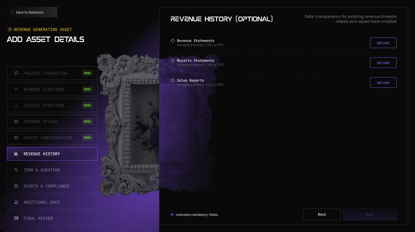 The Launchpad form for a revenue asset, step 6: Revenue History