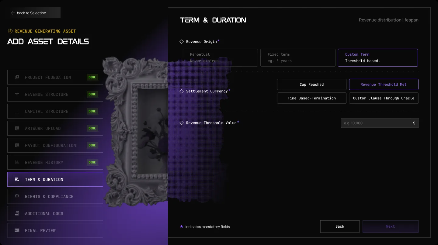 The Launchpad form for a revenue asset, step 7: Term & Duration