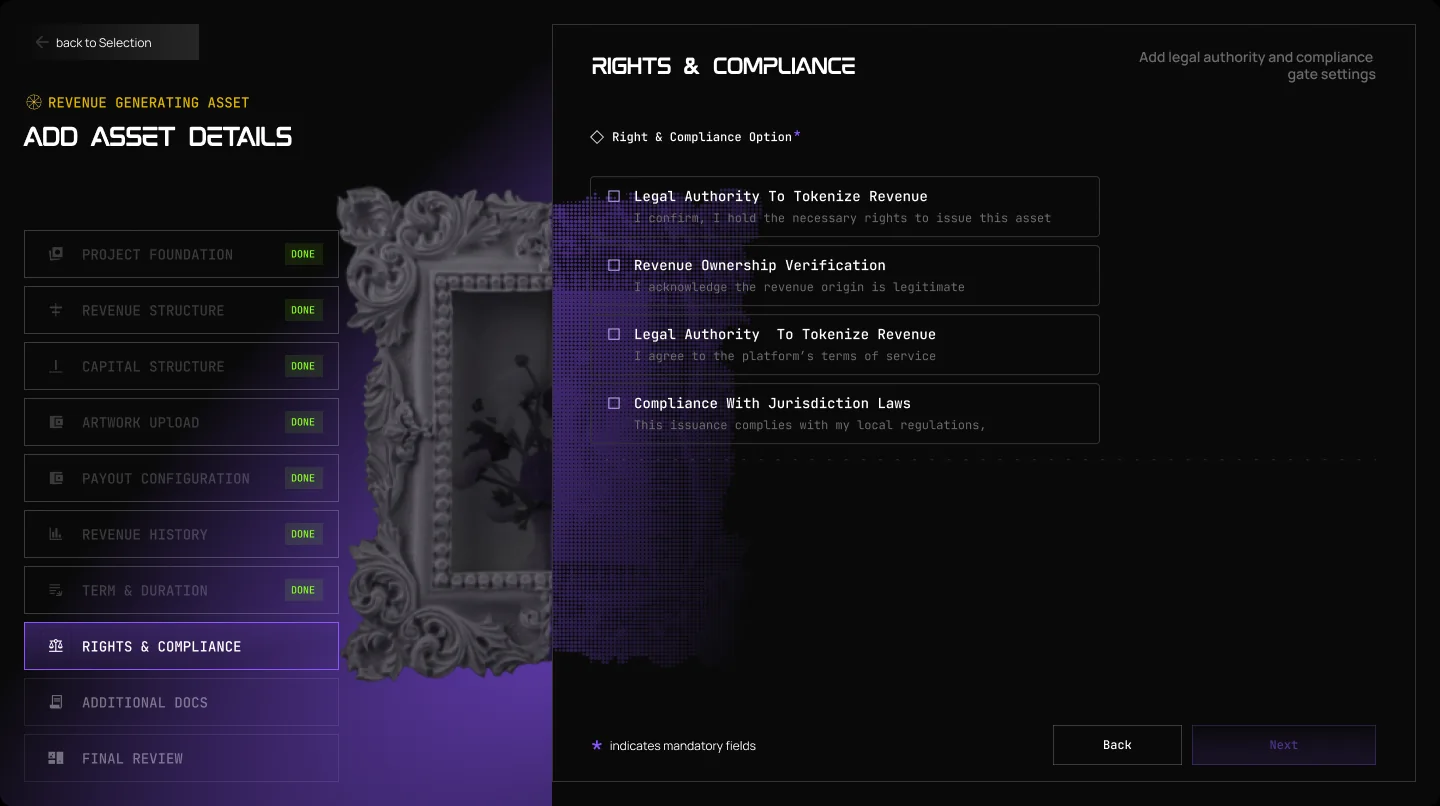 The Launchpad form for a revenue asset, step 8: Rights & Compliance