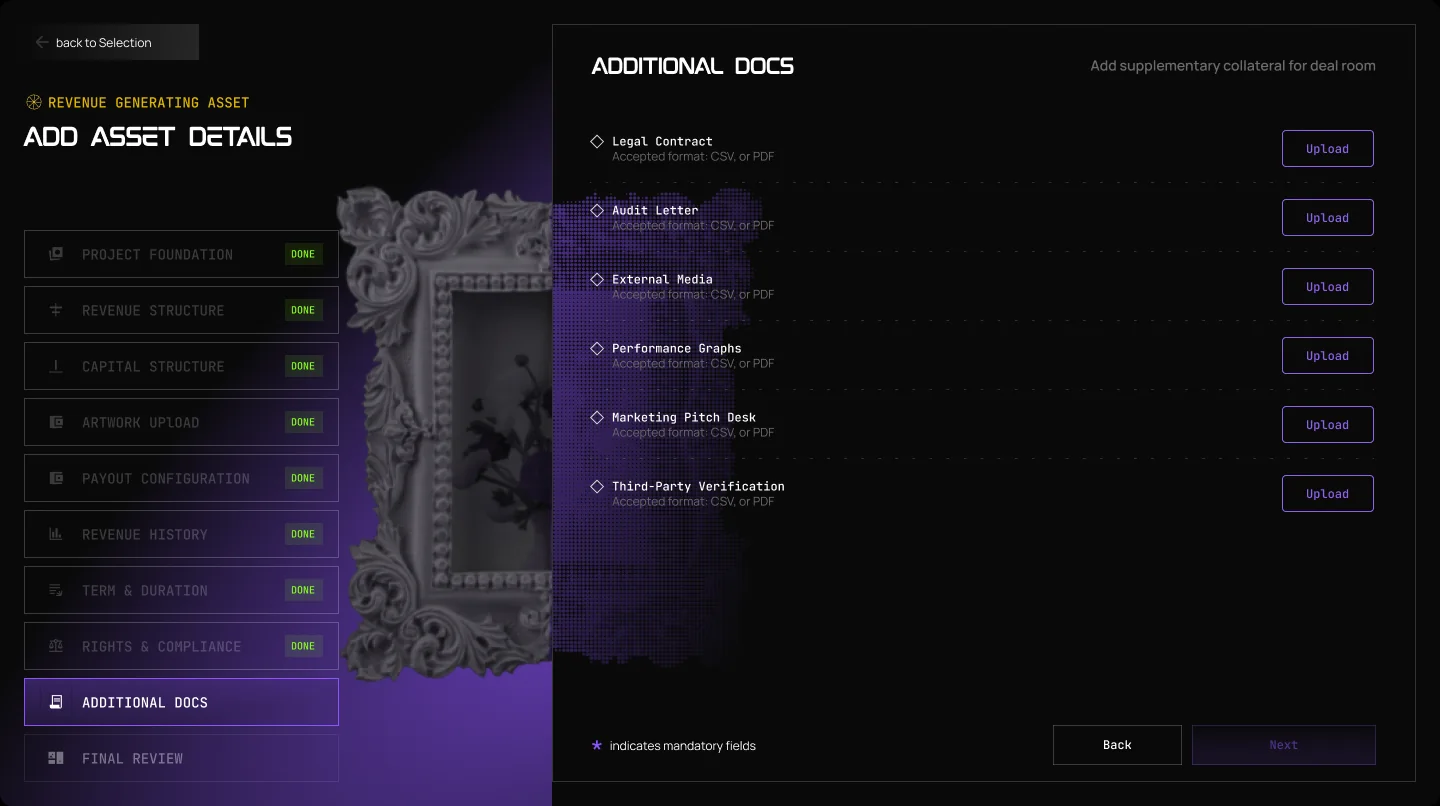 The Launchpad form for a revenue asset, step 9: Additional Docs