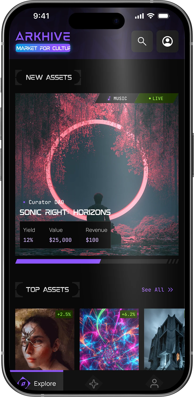 The ARKHIVE app, Explore: new assets and the top assets
