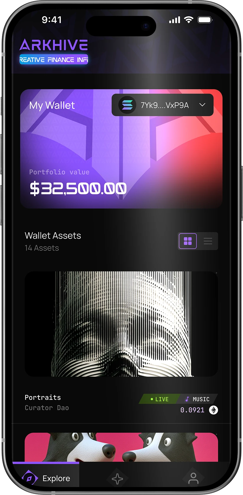 The ARKHIVE app, My Wallet: portfolio value and the assets in the wallet
