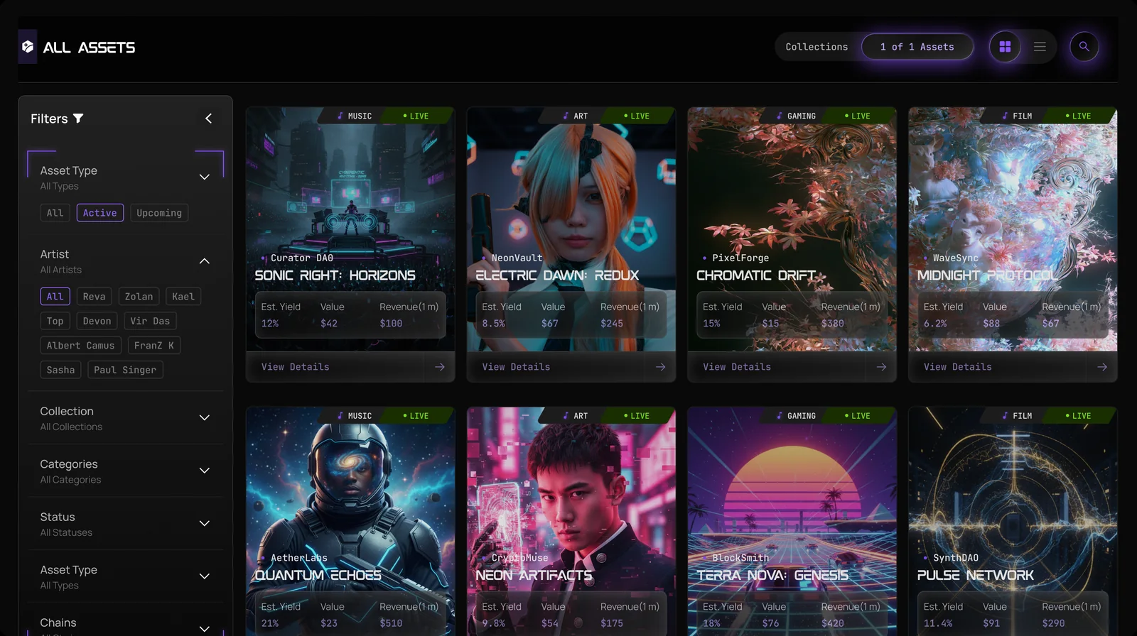 All assets with filters by asset type, artist, collection, category, status and chain