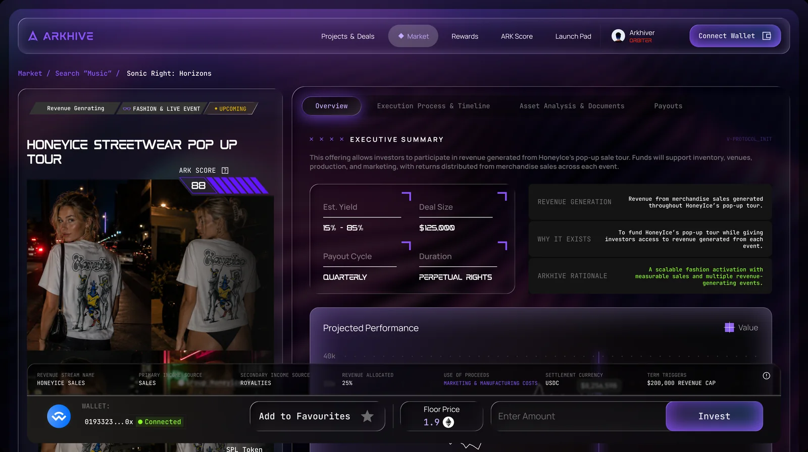 An offering page with a summary, ARK Score, deal size, payout cycle and terms