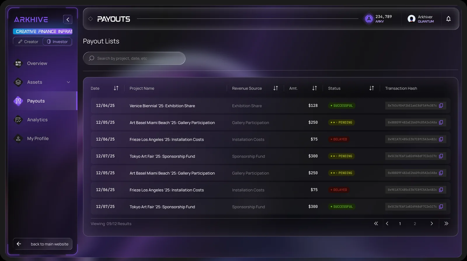 The payouts list: date, project, revenue source, amount, status and transaction hash